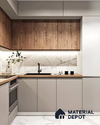 Sophisticated Kitchen With Marble And Wooden Finishes | Material Depot