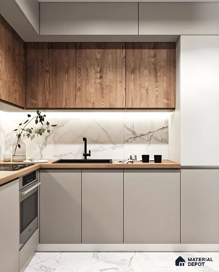 Sophisticated Kitchen With Marble And Wooden Finishes | Material Depot