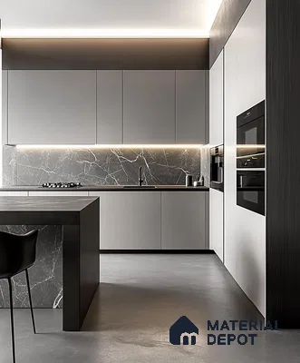 Sophisticated Light Grey Kitchen with Marble Highlights | Material Depot