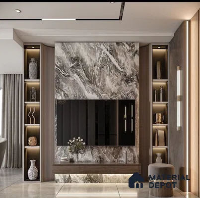 Sophisticated Living Room with Dramatic Marble TV Unit | Material Depot
