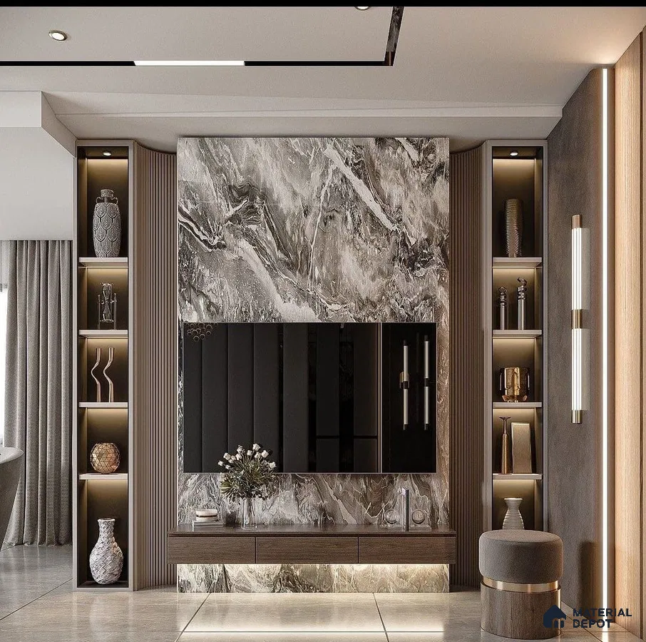 Sophisticated Living Room with Dramatic Marble TV Unit | Material Depot