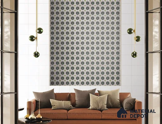 Sophisticated Living Room with Framed Floral Tile Accent Wall | Material Depot