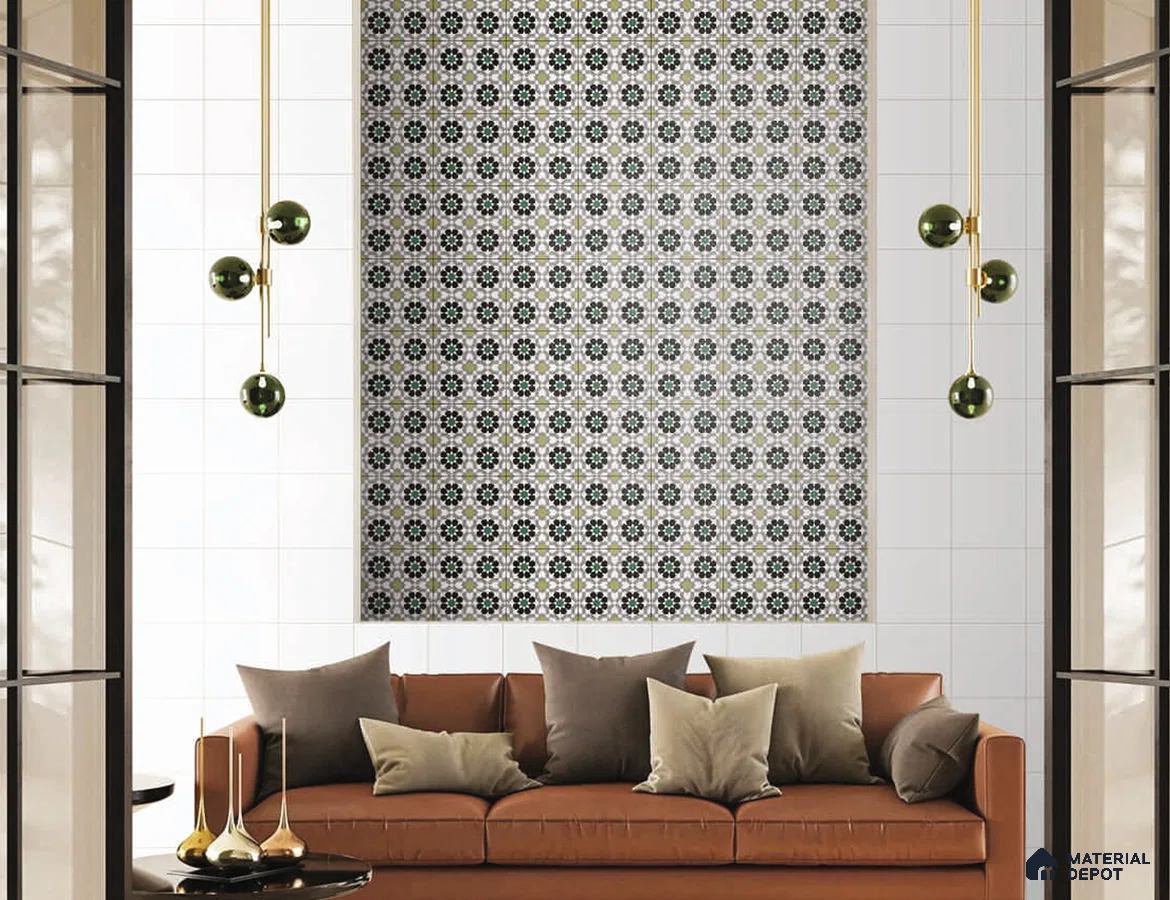 Sophisticated Living Room with Framed Floral Tile Accent Wall | Material Depot