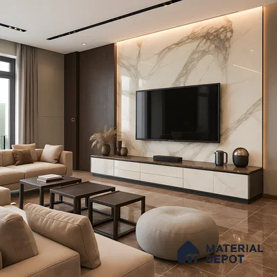 Sophisticated Living Room with Marble-Backed TV Wall and Warm Wood Accents in 3 BHK Sobha Palm Court, Yelahanka | Material Depot