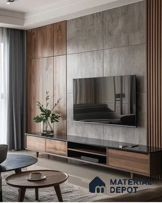 Sophisticated Living Room with Mixed Material TV Wall | Material Depot