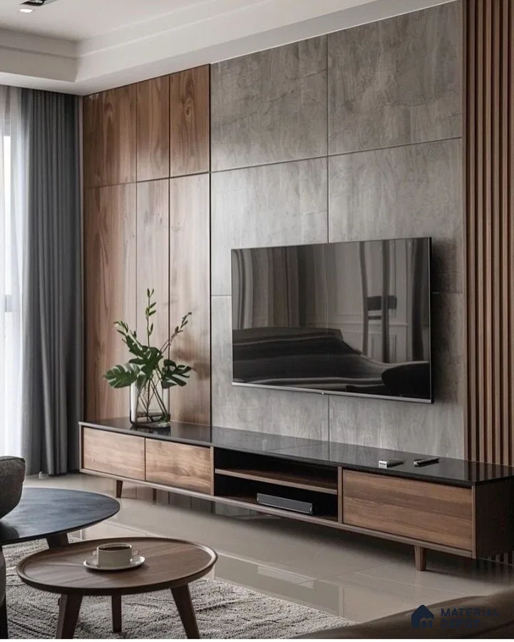 Sophisticated Living Room with Mixed Material TV Wall | Material Depot