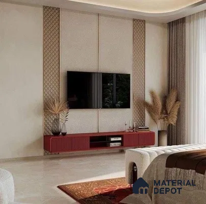Sophisticated Living Room with Textured Wall Panels and Red Media Console | Material Depot