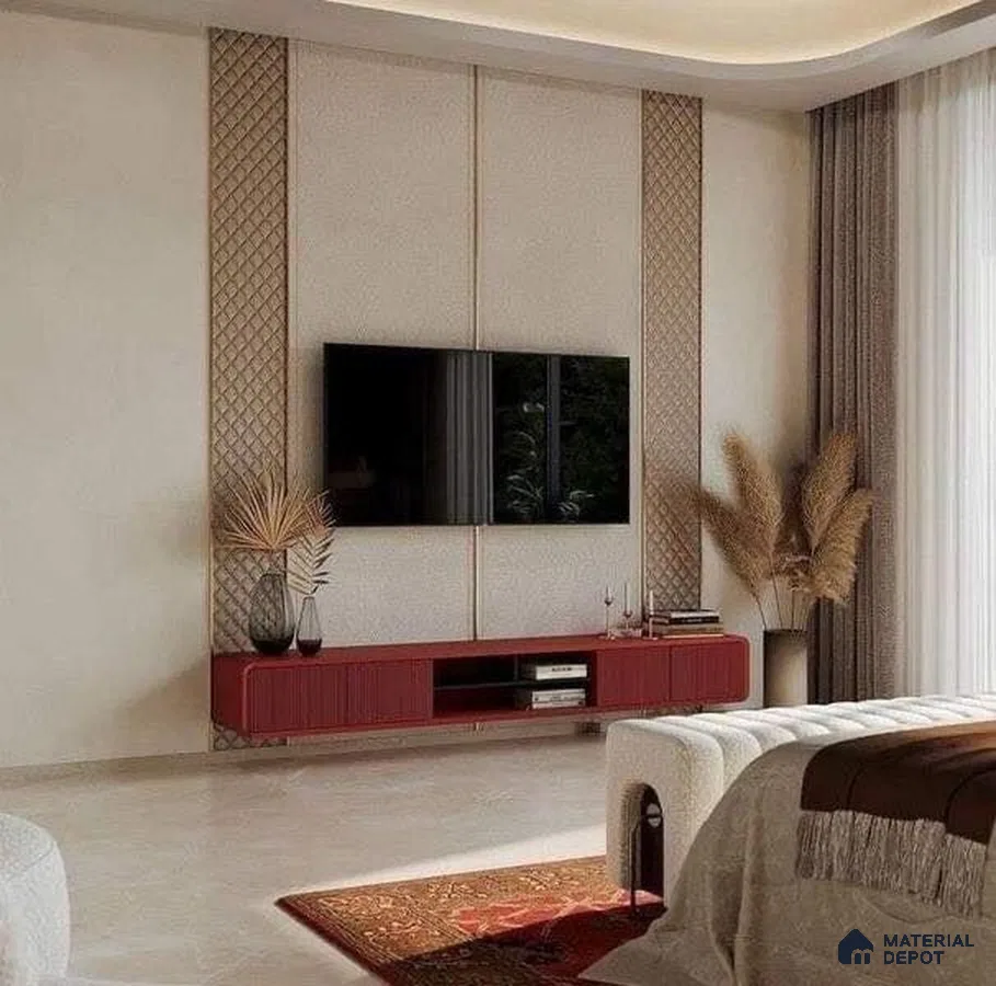 Sophisticated Living Room with Textured Wall Panels and Red Media Console | Material Depot