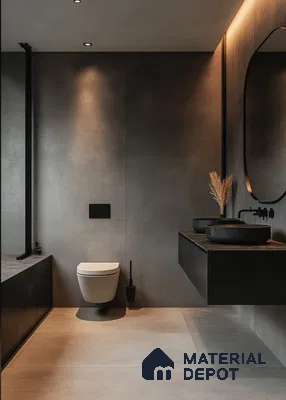 Sophisticated Minimalism: Sleek Bathroom with Dark Tones and Subtle Accents | Material Depot