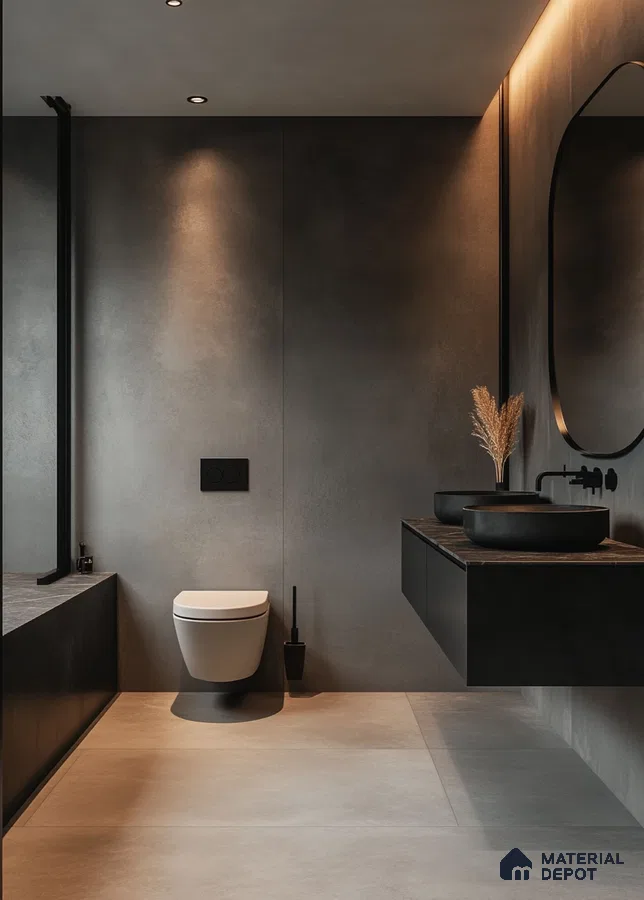 Sophisticated Minimalism: Sleek Bathroom with Dark Tones and Subtle Accents | Material Depot