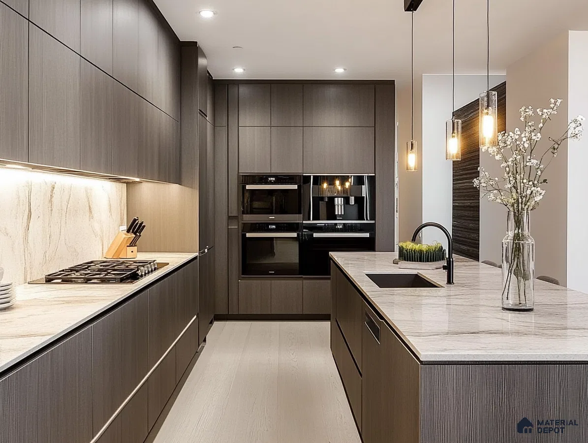 Sophisticated Modern Kitchen Design with Ambient Lighting and Neutral Tones | Material Depot