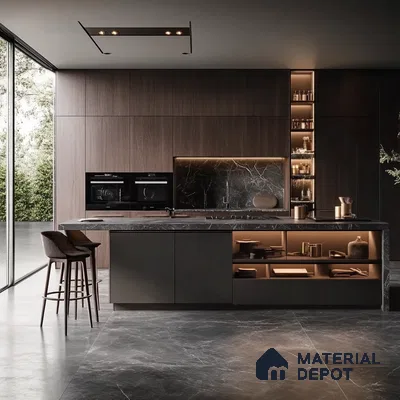 Sophisticated Modern Kitchen with Integrated Wood and Marble Accents, Designer Lighting, and a Panoramic View | Material Depot