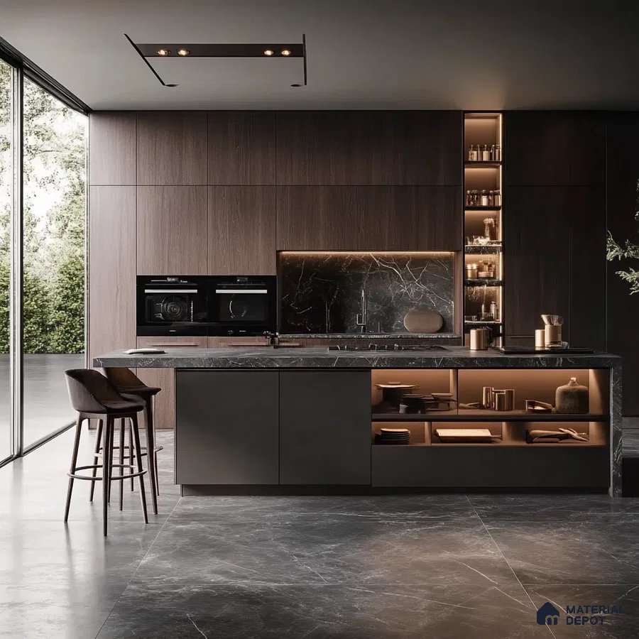 Sophisticated Modern Kitchen with Integrated Wood and Marble Accents, Designer Lighting, and a Panoramic View | Material Depot