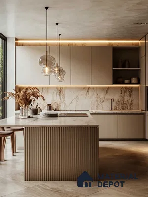 Sophisticated Modern Kitchen with Marble and Wood Accents | Material Depot