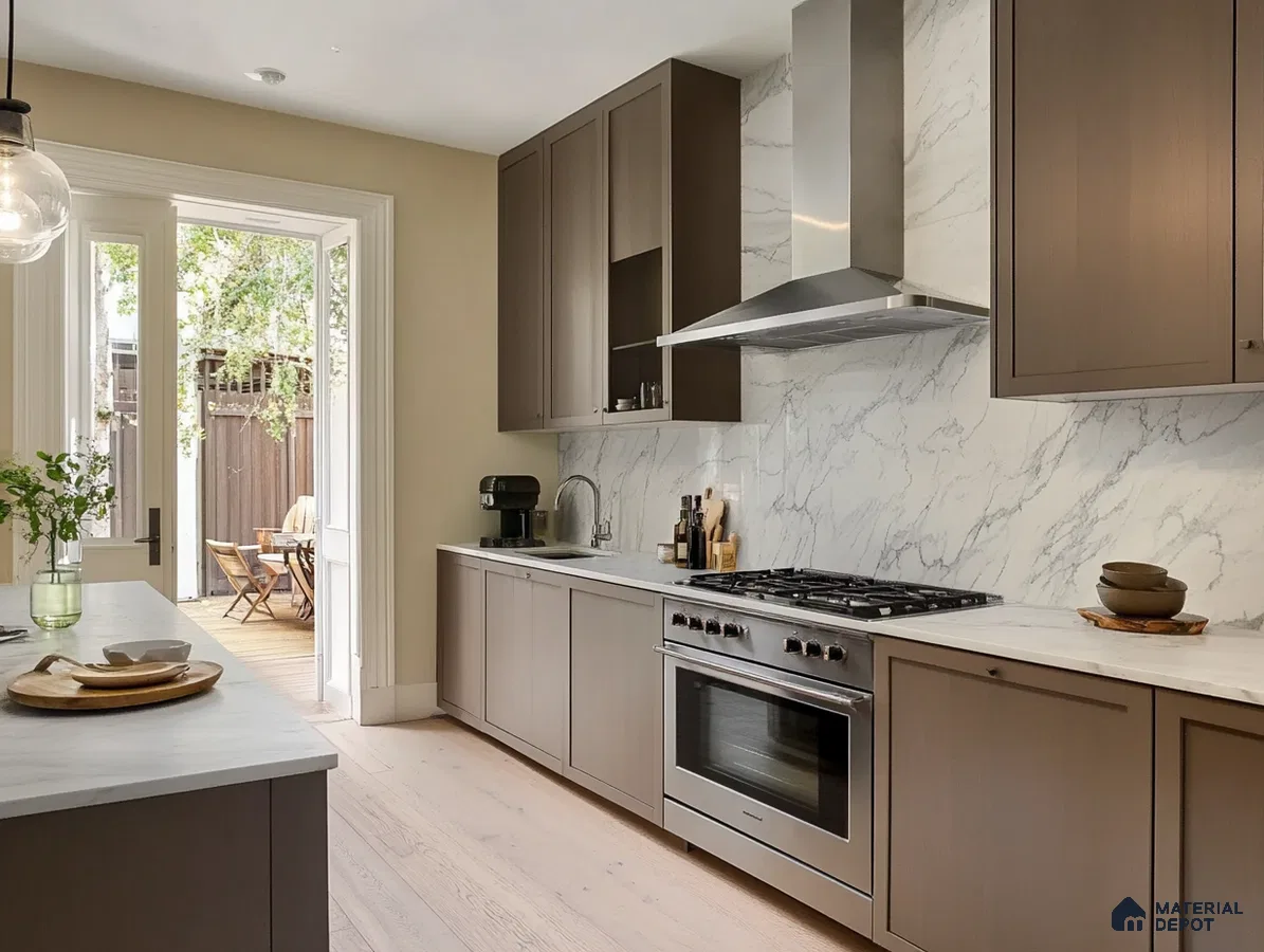 Sophisticated Modern Kitchen with Natural Light and Marble Backsplash | Material Depot
