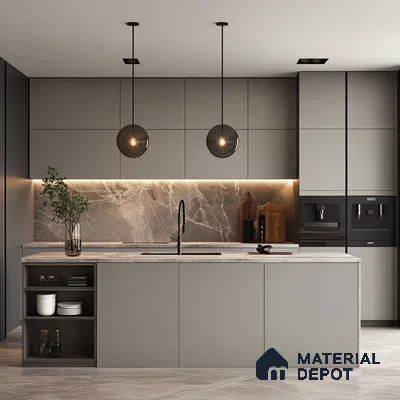 Sophisticated Modern Kitchen with Sleek Gray Cabinetry, Marble Countertops, and Pendant Lighting | Material Depot