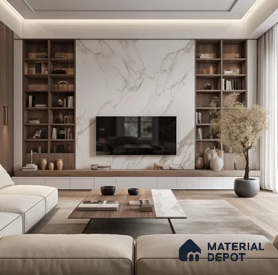 Sophisticated Modern Living Room with Marble TV Wall | Material Depot