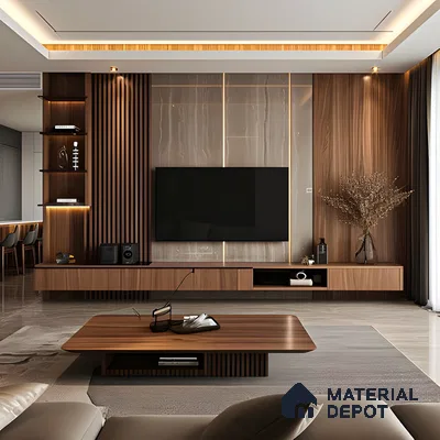 Sophisticated Modern TV Unit With Wooden Accents | Material Depot