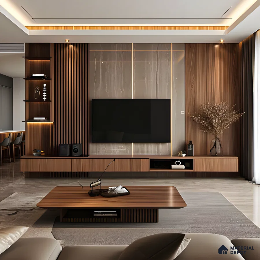 Sophisticated Modern TV Unit With Wooden Accents | Material Depot