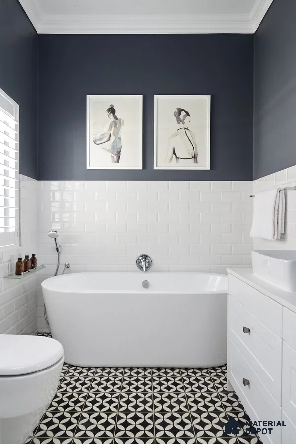 Sophisticated Monochrome Bathroom with Patterned Floor Tiles | Material Depot