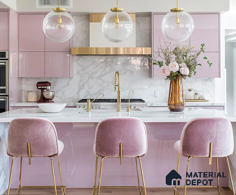 Sophisticated Pink Kitchen Featuring White Marble Backsplash and Luxurious Gold Details | Material Depot