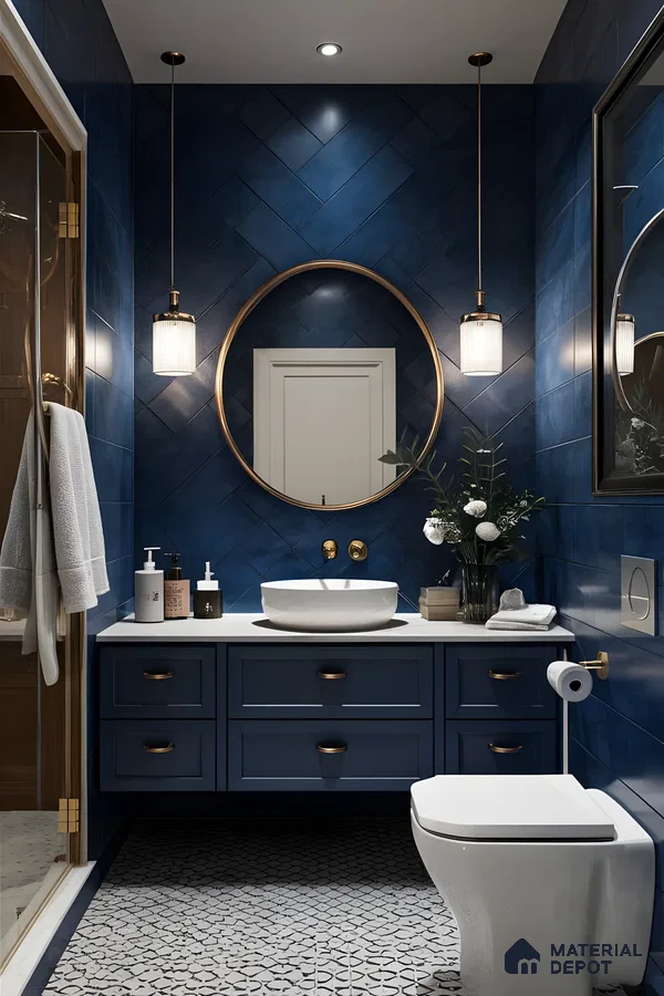 Sophisticated Sanctuary: A Modern Bathroom with Navy Blue Tiles | Material Depot