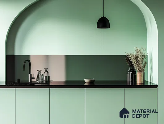Sophisticated Seafoam Green Kitchen with Archway Design | Material Depot