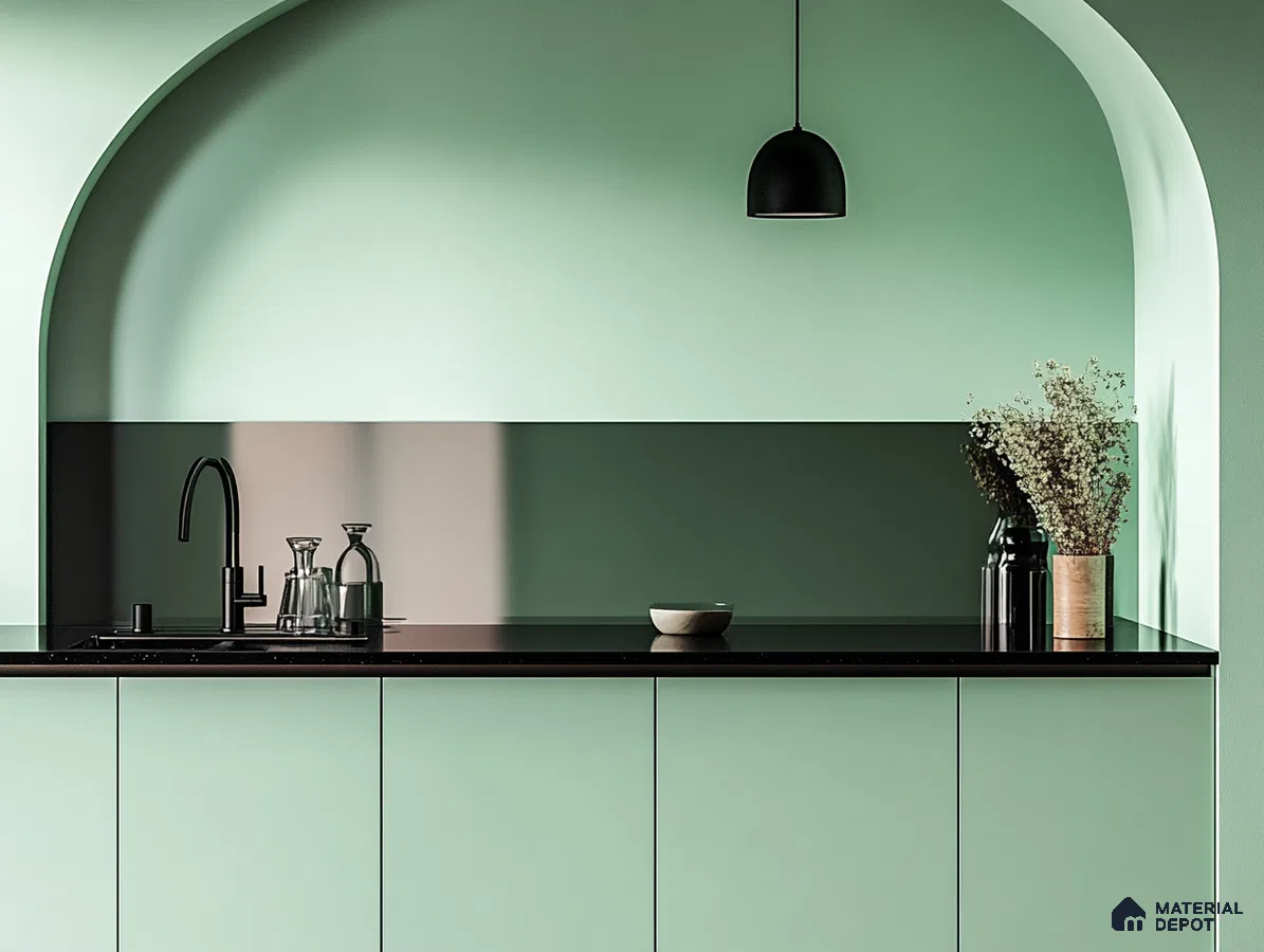 Sophisticated Seafoam Green Kitchen with Archway Design | Material Depot