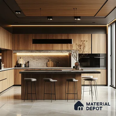 Sophisticated Serenity: Streamlined Kitchen Aesthetics Featuring Marble Highlights and Warm Wood Tones | Material Depot