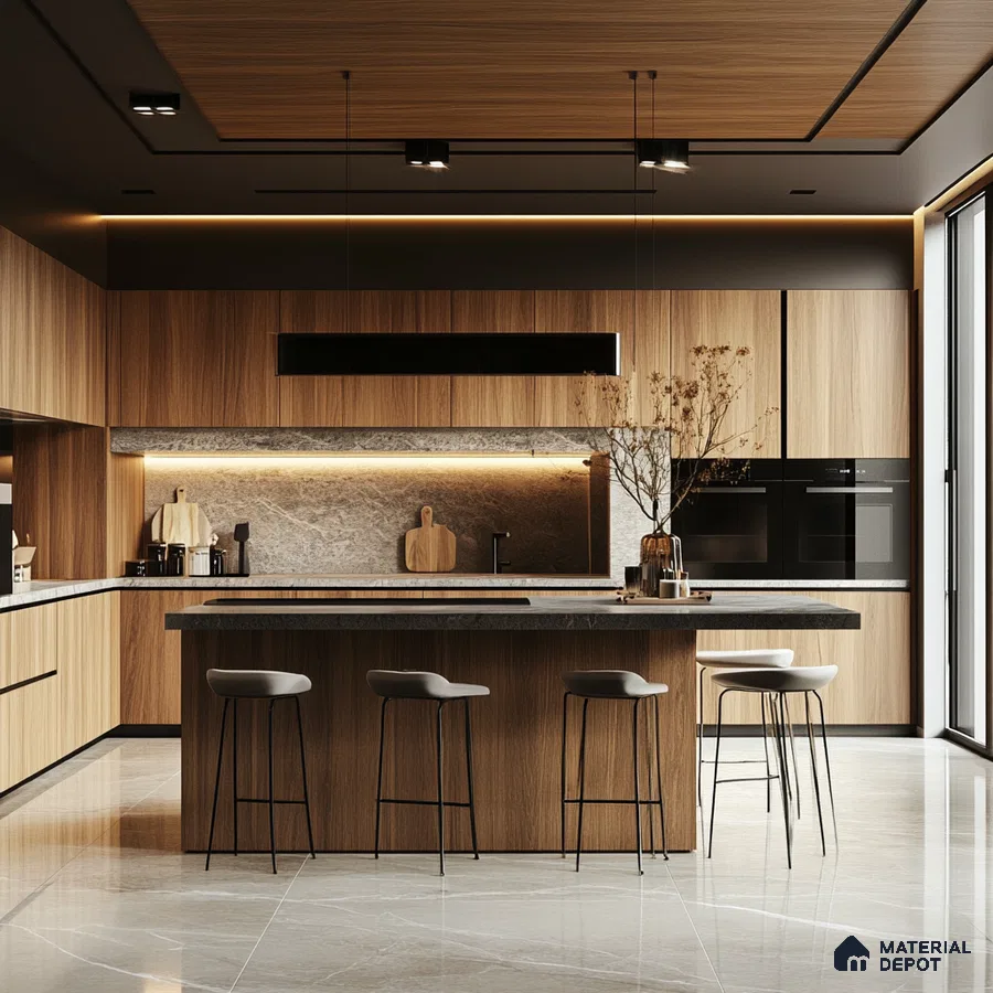 Sophisticated Serenity: Streamlined Kitchen Aesthetics Featuring Marble Highlights and Warm Wood Tones | Material Depot