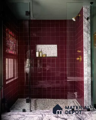 Sophisticated Shower Space with Burgundy Tiles and Marble Accents | Material Depot