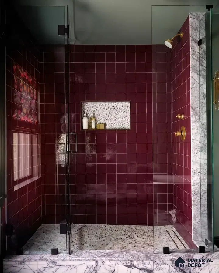 Sophisticated Shower Space with Burgundy Tiles and Marble Accents | Material Depot