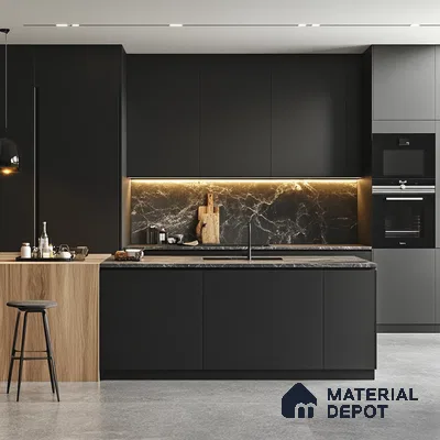 Sophisticated Simplicity: Minimalist Black and Wood Kitchen with Subtle Marble Accents | Material Depot