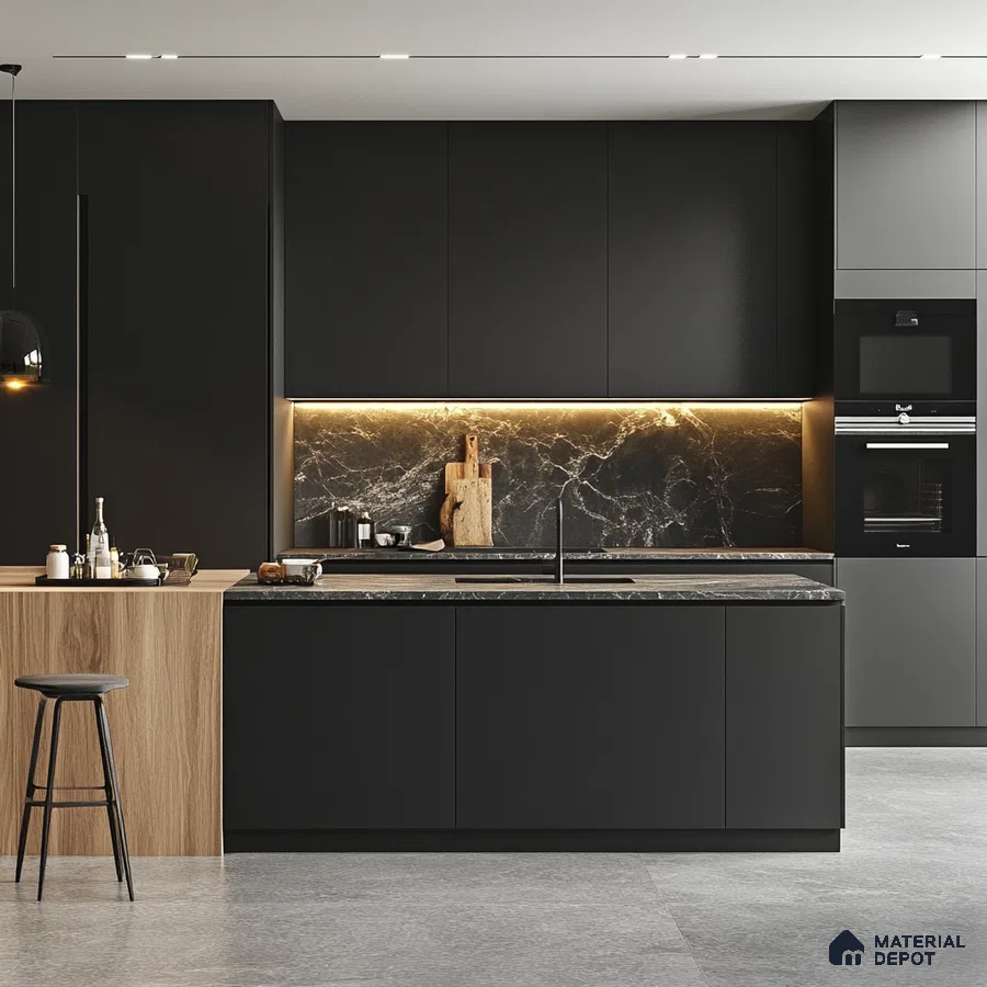 Sophisticated Simplicity: Minimalist Black and Wood Kitchen with Subtle Marble Accents | Material Depot