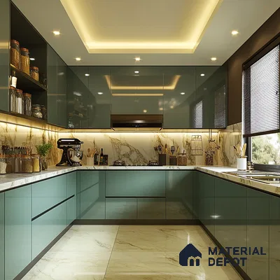 Sophisticated Teal Kitchen with Elegant Marble Backsplash and Ambient Lighting | Material Depot
