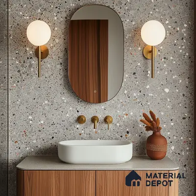 Sophisticated Terrazzo Bathroom with Golden Accents and Wooden Vanity | Material Depot