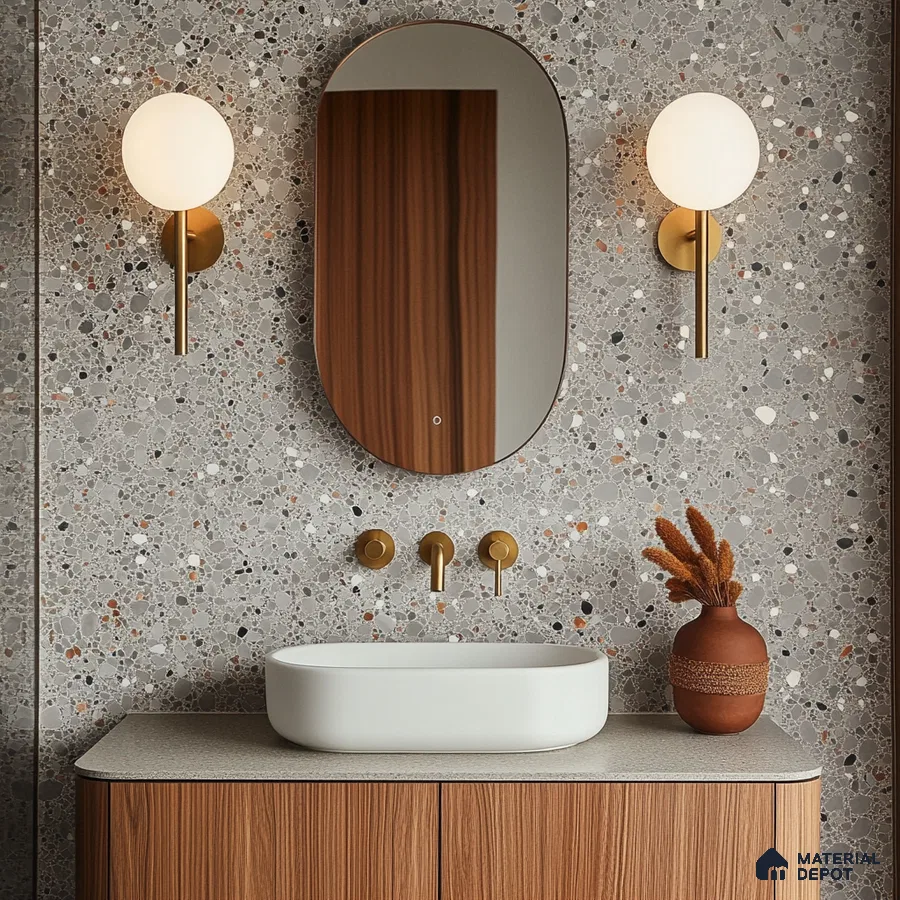 Sophisticated Terrazzo Bathroom with Golden Accents and Wooden Vanity | Material Depot