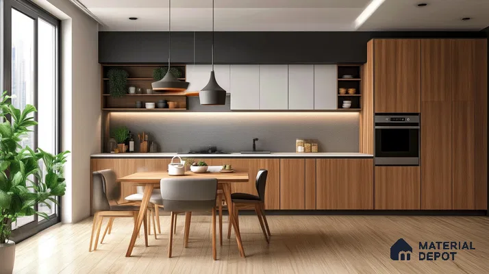 Sophisticated Urban Kitchen with Marble Backsplash and Neutral Toned Cabinetry | Material Depot