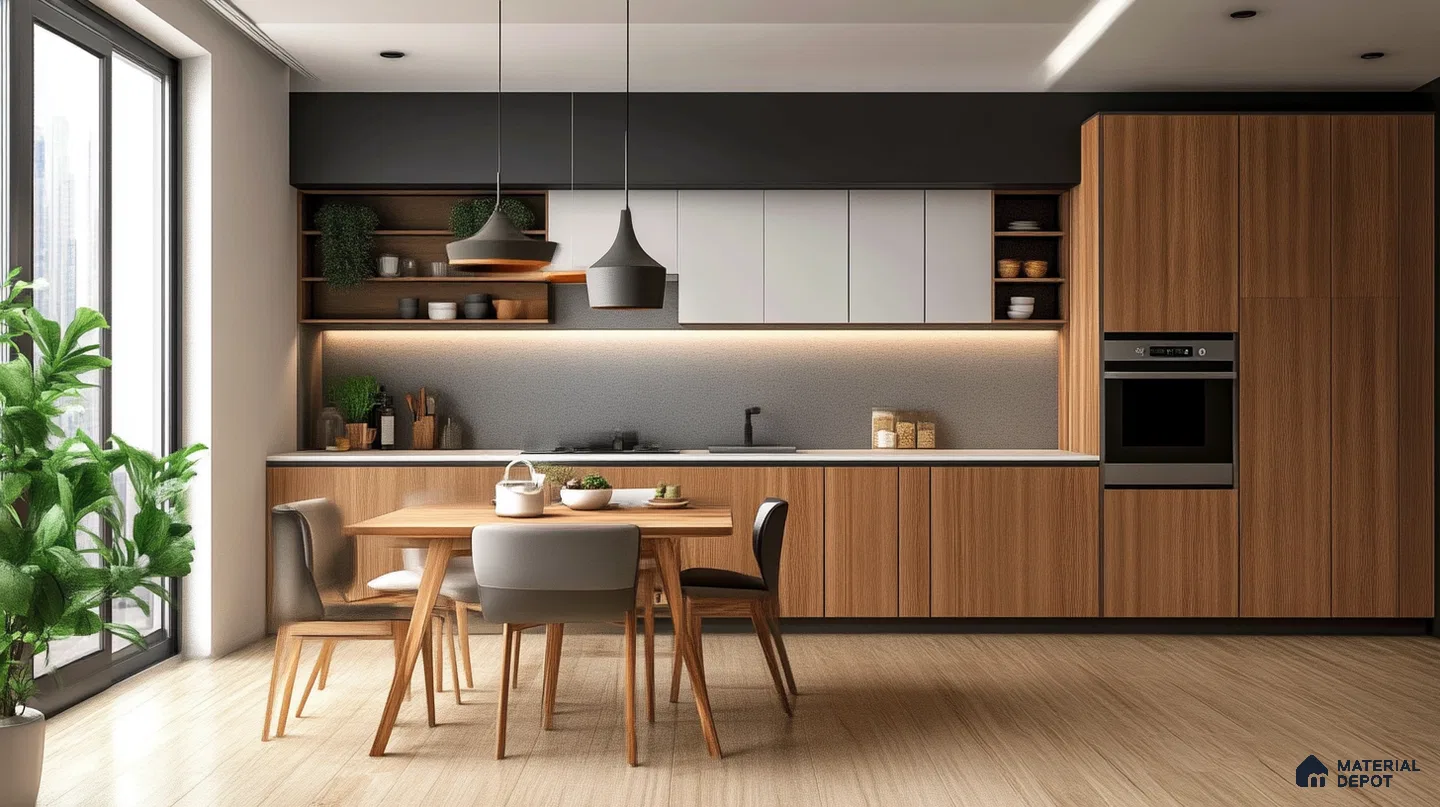 Sophisticated Urban Kitchen with Marble Backsplash and Neutral Toned Cabinetry | Material Depot