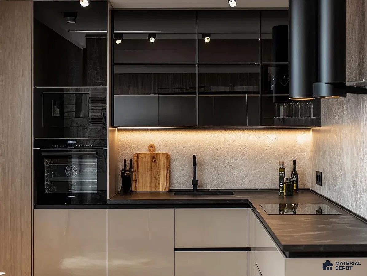 Sophisticated Urban Kitchen with Sleek Black Cabinets and Textured Backsplash | Material Depot
