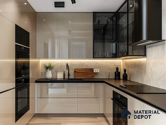 Sophisticated Urban Kitchen with Sleek Black Glass Cabinets and Ambient Lighting | Material Depot