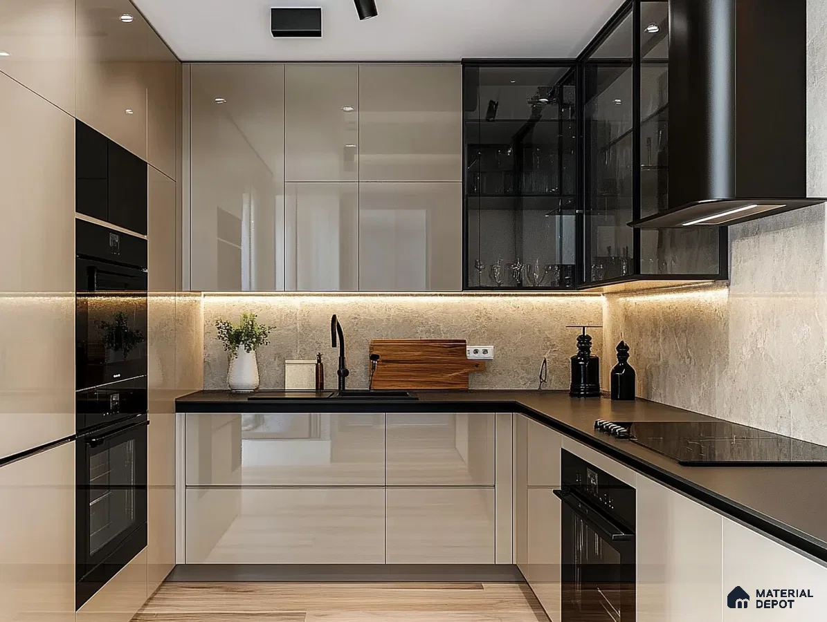 Sophisticated Urban Kitchen with Sleek Black Glass Cabinets and Ambient Lighting | Material Depot