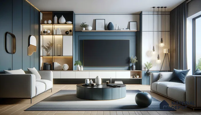 Sophisticated Urban Living Space with Dynamic Blues and Sleek Finishes | Material Depot