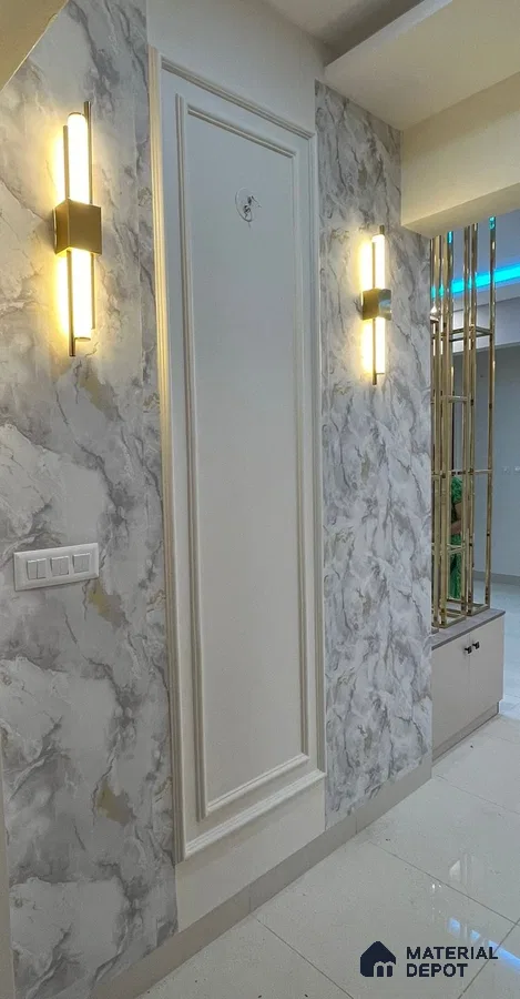 Sophisticated Wall Design with Modern Lighting & Abstract Wallpaper in Bengaluru | Material Depot
