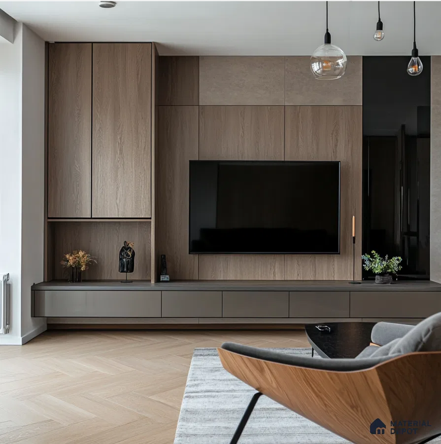 Sophisticated Wooden Laminate TV Unit Contemporary Living Room | Material Depot
