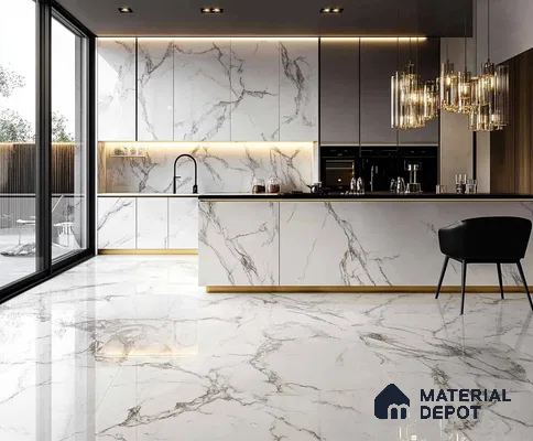Sophistication Unleashed: Elegant Kitchen with Marble Island and Golden Lighting | Material Depot