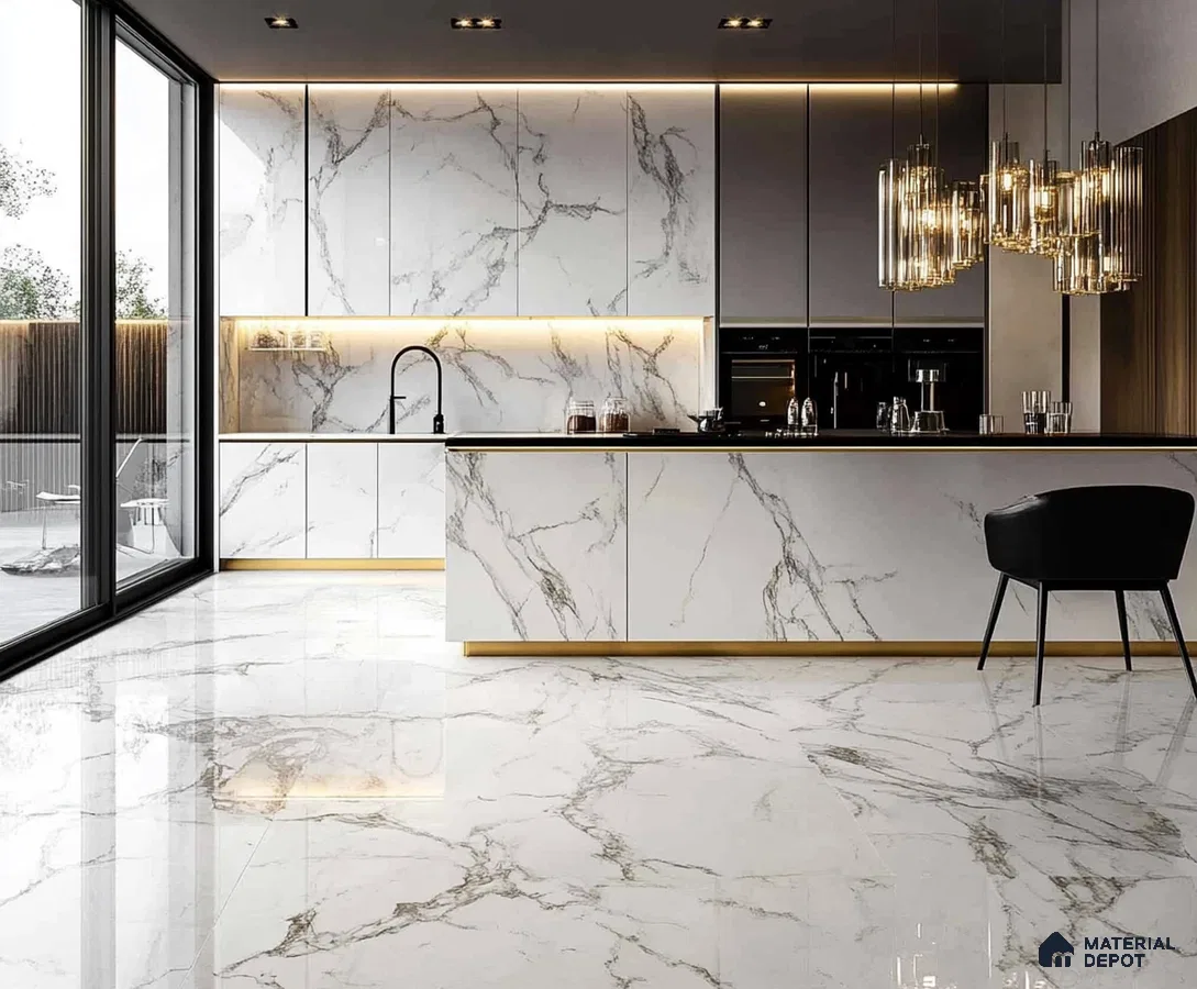 Sophistication Unleashed: Elegant Kitchen with Marble Island and Golden Lighting | Material Depot