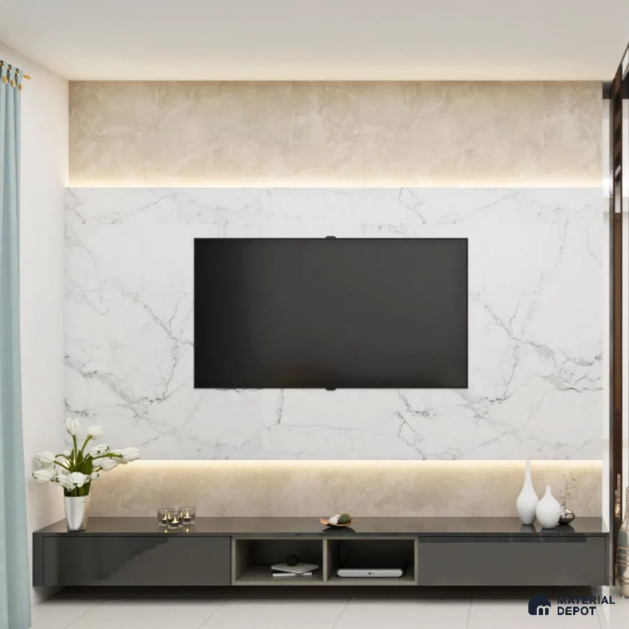 Compact TV Unit with Layered Backdrop Wall.