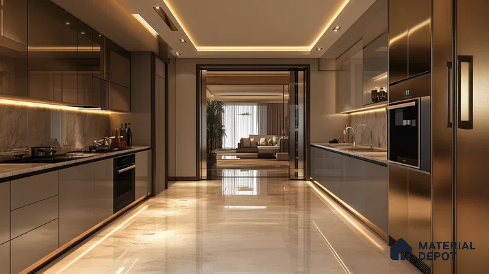Spacious Dual-Galley Kitchen with Metallic Cabinets and Marble Countertops | Material Depot