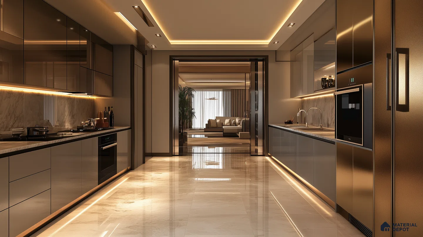 Spacious Dual-Galley Kitchen with Metallic Cabinets and Marble Countertops | Material Depot